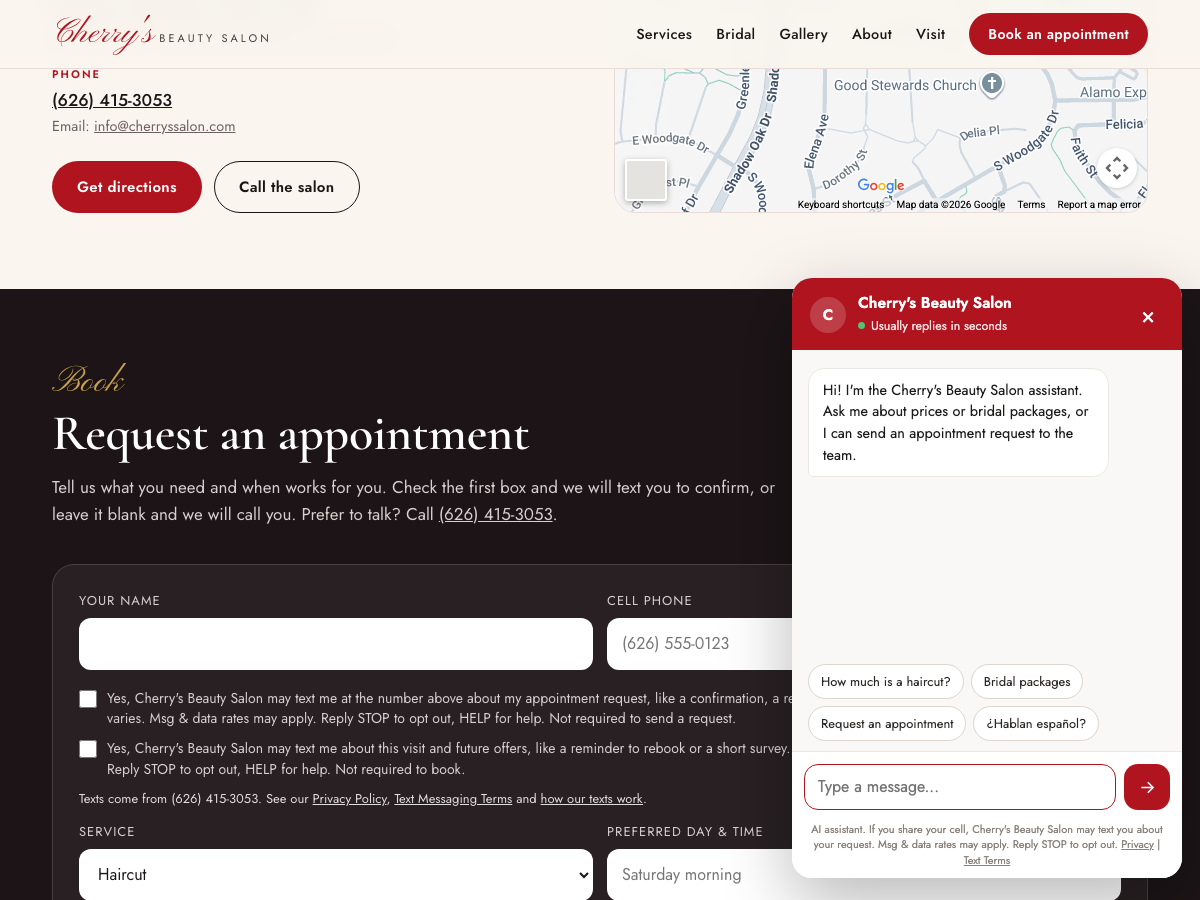 The website chat with the text message note under the message box