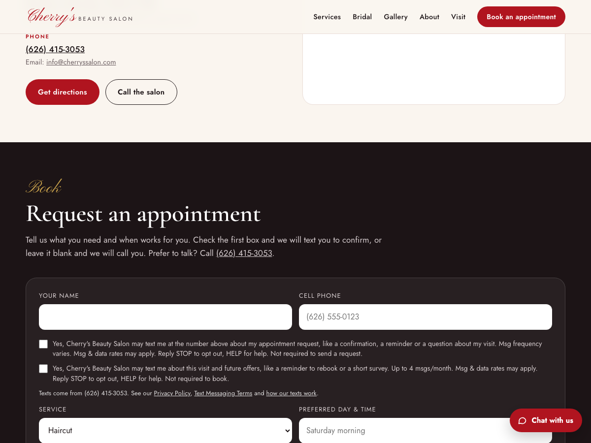 The request form with the text message consent box, shown unchecked